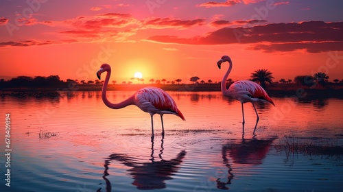 In a Calm Lagoon, Flamingos Wade, Their Pink Feathers Radiate Sunset's Warmth
