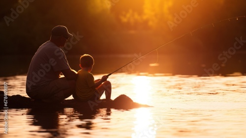 Father and son fishing at sunset