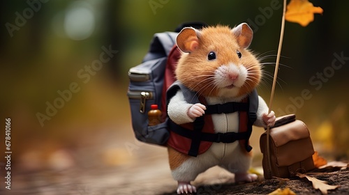 A hamster engaged in research, sporting a backpack and holding a magnifying glass