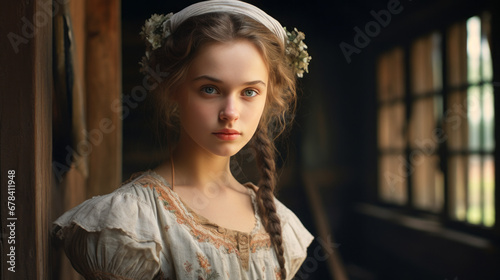 Portrait of a Slavic Girl Adorned in 19th Century Folk Attire, Capturing the Essence of Timeless Heritage