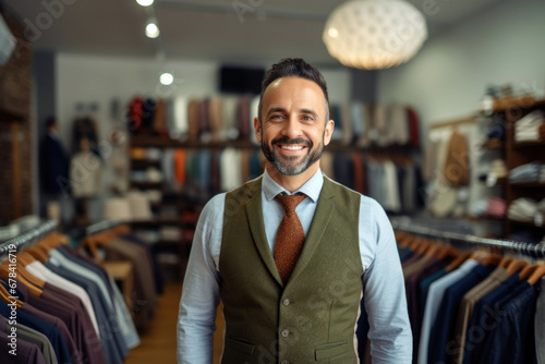 portrait of mixed race man standing in his cloth store wearing a vest and smiling.