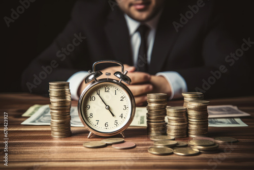 abstract businessman, alarm clock and coins with banknotes on a wooden table surface as a concept for the value of time or a balanced distribution of work and rest