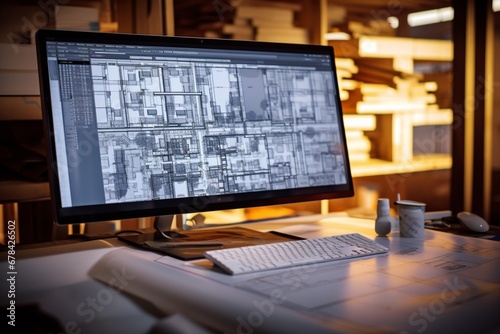 a computer screen displaying a digital construction blueprint in intricate detail. The digital tools and precise measurements on the screen highlight the modern approach to construction planning.