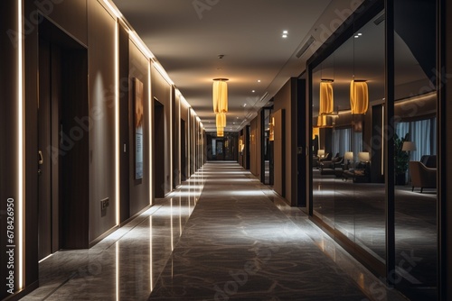 a contemporary hotel corridor with sleek, modern design elements, such as glass walls and minimalist decor, combined with soft, warm lighting for a luxurious and inviting feel.