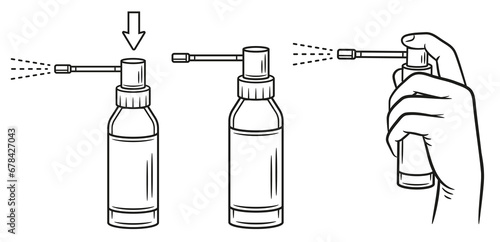 Medical spray for sore throat, use pharmacy mouth hygiene sprayer, liquid oral aerosol medicine instruction line icon set. Press hand on antiseptic dispenser bottle. Household chemical product. Vector