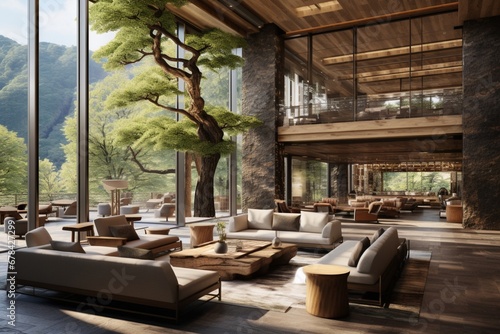  a contemporary hotel lobby, featuring an open-concept layout with a fusion of natural materials, modern furniture, and large windows offering a view of the surrounding landscape.