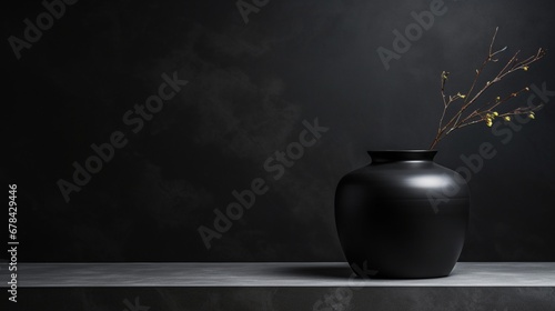  a black ceramic vase on a table against a glossy black marble background. The composition offers clean lines and ample negative space, making it perfect for a high-quality presentation.
