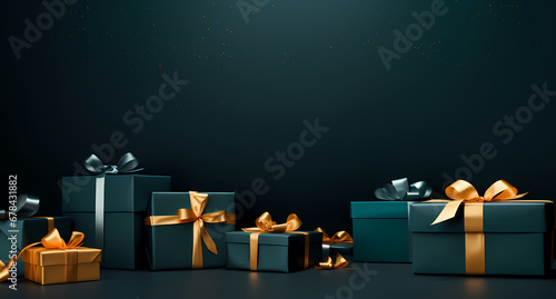 black & gold gift boxes on the backdrop of a dark green background, in the style of dark azure, rtx on, aerial view, captivating, dark gray
