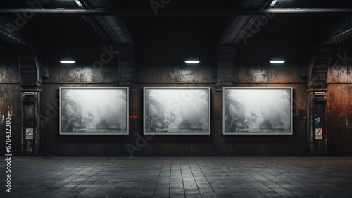 Blank wall billboards in subway, three posters mockup in dark grungy corridor. Empty banners for advertising in metro hallway. Concept of station, background, underground, grunge
