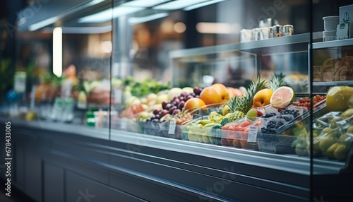 Blurry bright interior of a well stocked big grocery store with vibrant displays and filled aisles