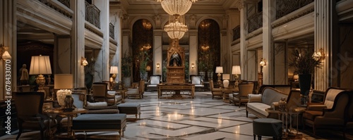  a luxurious hotel lobby featuring grand architecture, exquisite decor, and a spacious, open layout devoid of seating.
