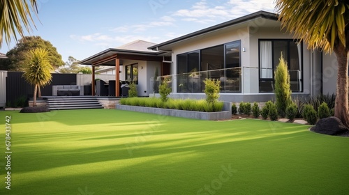 the front yard of a modern Australian house with a contemporary lawn turf featuring artificial grass and clean wooden edging for boundary decoration.
