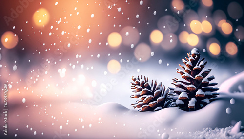 Zimowe, bożonarodzeniowe tło z szyszkami i śniegiem