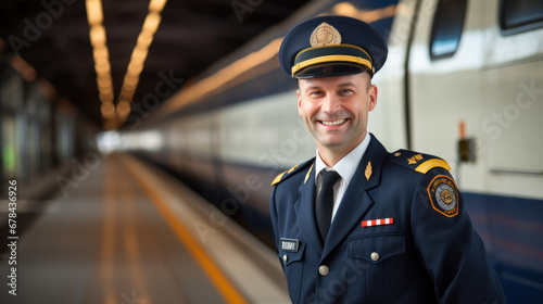 Train conductor next to a railway carriage