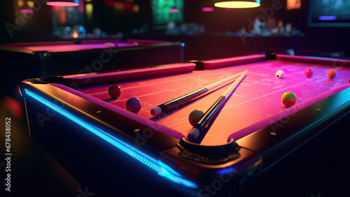 Pool balls and cue on pool table. Neon light.