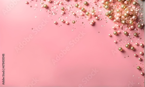 Pink background with glitter and gold pearls for showing packaging and product. Product display presentation. Cosmetic concept. Background, postcard, wallpaper, banner, template, 