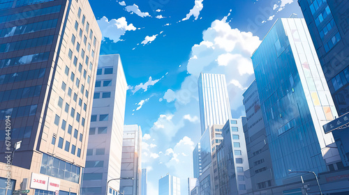 青空と都会の高層ビルのアニメ風イラスト