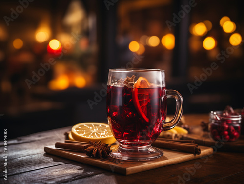 Glass of mulled red wine with aromatic spices and citrus fruits. Generated by AI