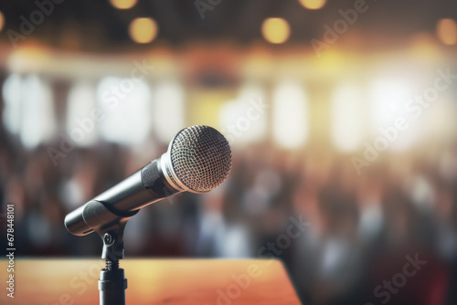 Close up of microphone on the table in background of blurred a conference seminar audience and conference hall. Event concept of classes and speeches.