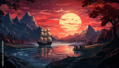 Sailing ship sails through night, nature mystery painted in dusk generated by AI