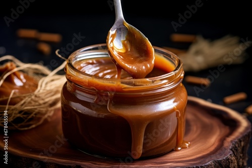 A close-up shot of a jar of homemade Dulce de Leche, a traditional Latin American sweet caramel spread, beautifully presented on a rustic wooden table with a silver spoon dipped in