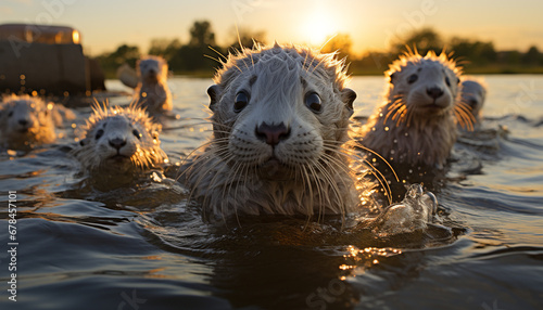 Cute seal swimming in the sunset, looking at camera generated by AI