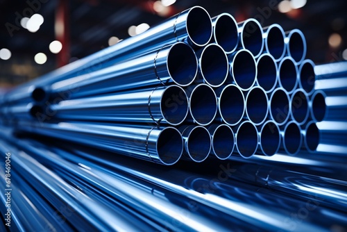 Steel pipes stacked together In a factory or warehouse, steel structure production industry, blurred background, steel production factory