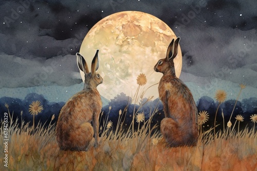 Watercolor painting of three hares in field, gazing at giant moon in colorful starry sky. Generative AI
