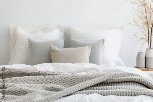 Close up of pillows and bed in background of cosy modern bedroom. The mockup concept of sleek and minimalist.