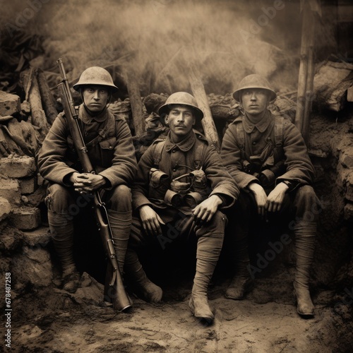 World War I soldiers in a trench, AI