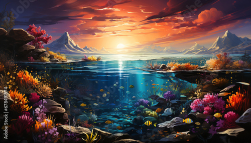 Underwater landscape colorful fish swim in coral reef paradise generated by AI