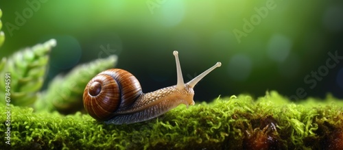 Macro photo of a brown snail on green moss carpet