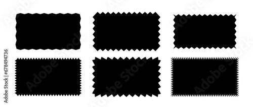 Zig zag edge rectangle shape collection. Jagged rectangular elements set. Black graphic design elements for decoration, banner, poster, template, sticker, badge, label, tag. Vector bundle