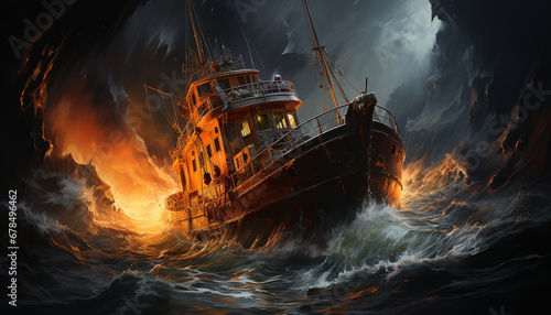 Sailing ship crashes, abandoned freight transportation sinks in dark night generated by AI