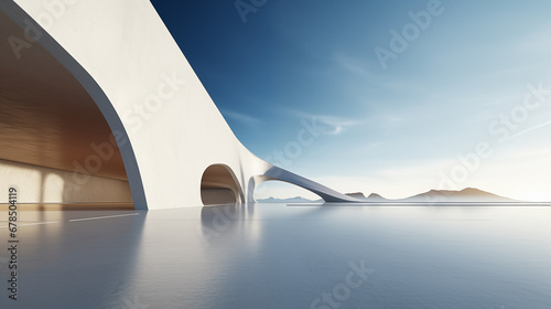 3d render of abstract futuristic architecture with empty concrete floor. Scene for car and motorcycle 