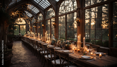 Luxury wedding altar, candlelight illuminates elegant table decoration indoors generated by AI