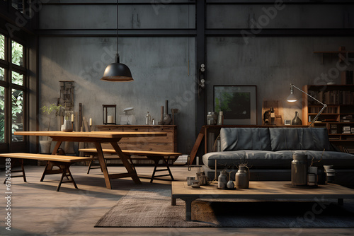 Interior of the house room modern atmosphere, in the style of matte background, rustic texture, concrete wall, wood floor