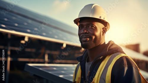 Solar panels, renewable energy and black man with tablet for construction, maintenance and inspection.