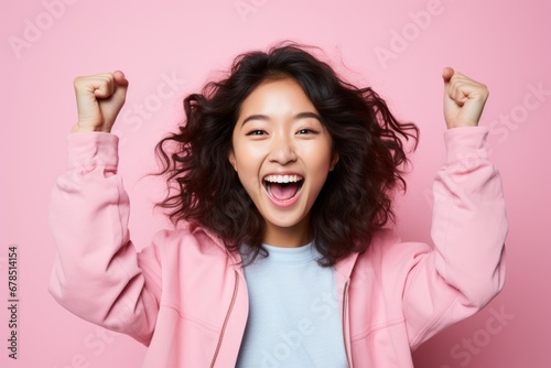 Young happy asian teen woman shout story or making announcement