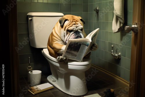Bulldog reading newspaper on toilets, AI generated