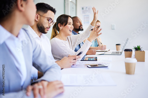 Seminar business people, happy woman and hand raised to answer, ask or question corporate deal, sales idea or office workshop. Group row, board of director and employee engagement on trade show plan