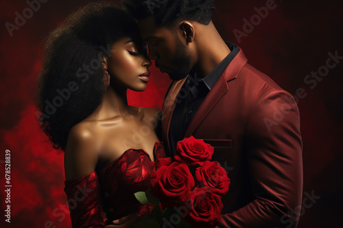 Black couple with a bouquet of roses for Valentine is Day