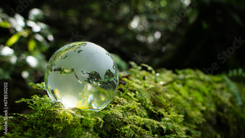 Earth Day, World sustainable environment concept. Crystal Earth In Forest With Ferns And Sunlight. Environment, save clean planet, ecology. Earth Day banner with copy space. ESG. Net Zero.SDGs.