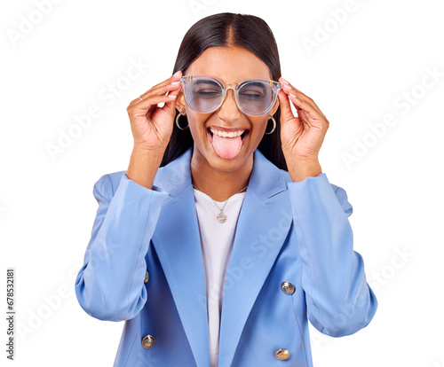Funny, woman and sunglasses with goofy face, creative and isolated on transparent png background. Business, crazy and young professional in modern fashion, trendy cool style glasses and work clothes.