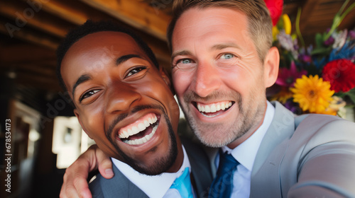 Gay Couple in Joyful Embrace at Wedding Reception