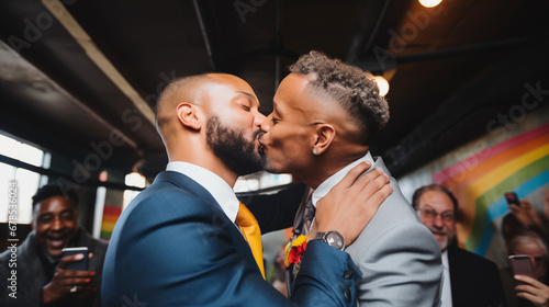 Joyful Multiracial Gay Couple Kissing on Wedding Day