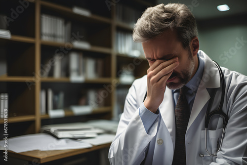 Doctor triste en su oficina frotandose los ojos en llanto cerca de su escritorio con libros