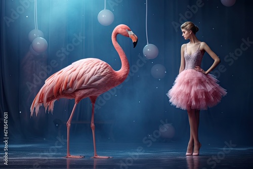 Flamingo and ballerina in ballet tutu on stage, vector ilustration, ai generative