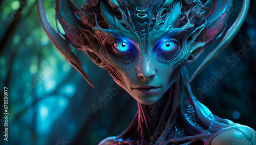 A mysterious alien creature with radiant, glowing eyes that captivate with their mesmerizing gaze.