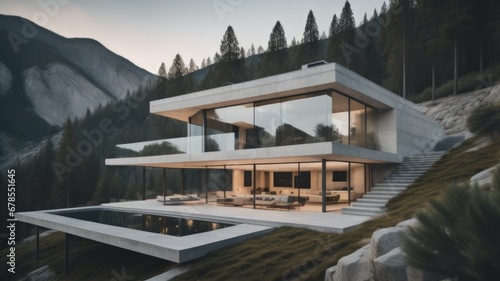 Modern minimalist concrete and glass house with pitched roof in mountains. Luxury villa with terrace